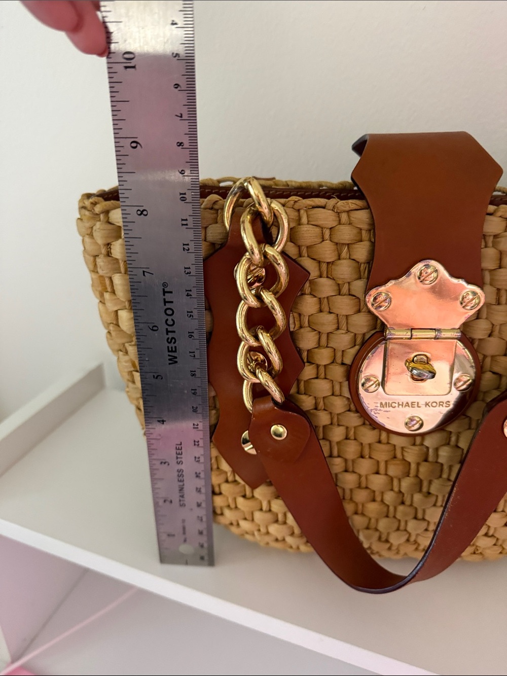Michael Kors Tan Woven Straw Tote with Brown Leather & Gold Hardware - Picture 6 of 12